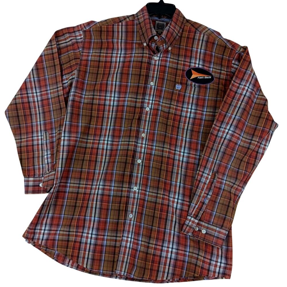 Cinch Fast Back Ropes Shirt Mens Large Red Plaid Pressed‎ Patched Roping Rodeo